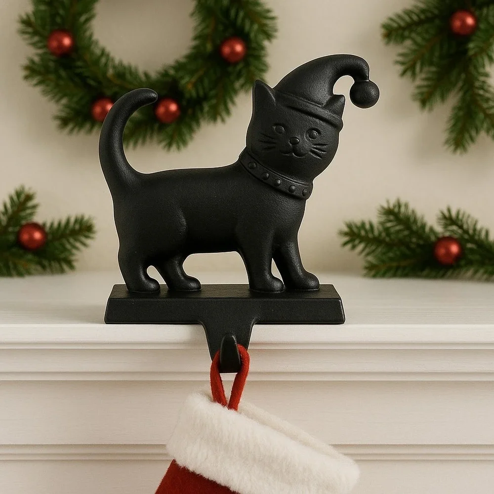 Black Cat Stocking Holder Santa Hat Cast Metal Mantel‎ Hook Christmas Vintage